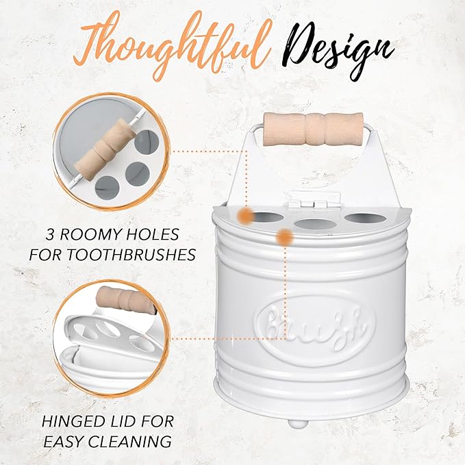 Autumn Alley Kids Bathroom Accessories Set – 2-Piece White Soap Dispenser & Toothbrush Holder, Farmhouse Bathroom Countertop Organizer for Kids, Durable Metal Bathroom Set with Wood Handle
