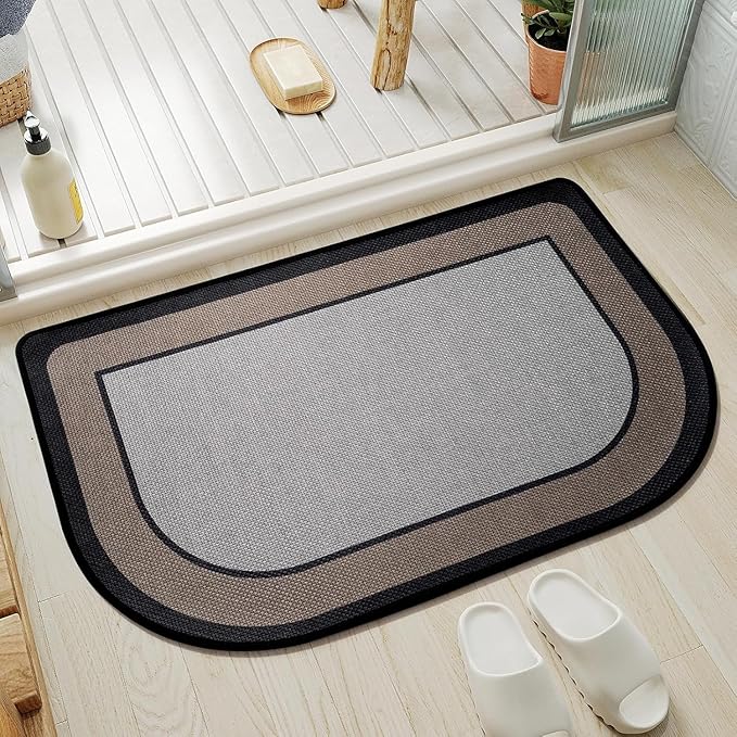 YDKGL Half Circle Bath Mat, Thin Bathroom Rugs Fit Under Door Quick Dry Non Slip Washable Bathroom Mat with Rubber Backing, Absorbent Half Round Shower Mat Rug,Gray Brown