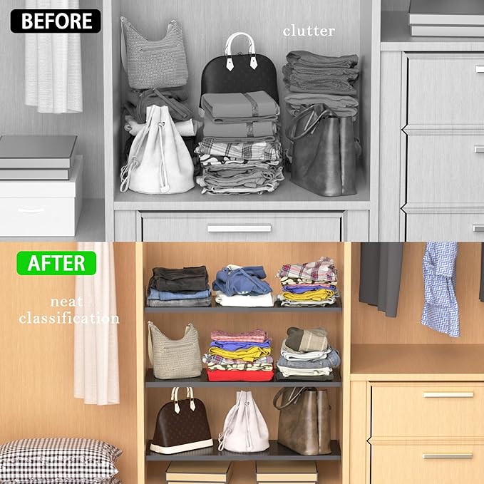 Closet Shelf Expandable-Large Metal Storage Rack DIY Divider Separator for Cabinet Wardrobe Cupboard Pantry Kitchen Bathroom (Perforated,Black, W: 11.81" x L: 17" to 31")