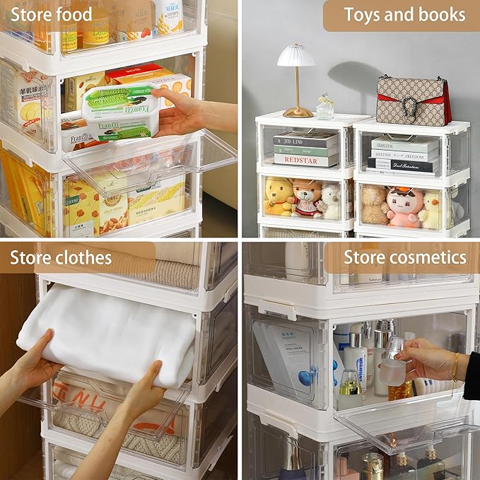 Storage Bins with Lids 3 Pack Clear Stackable Plastic Closet Organizers Containers w/Magnetic Door Box for Wardrobe Bedroom Office Dorm