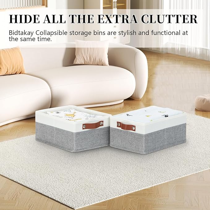 Bidtakay Small Storage Bins 4-Pack Collapsible Fabric Storage Baskets for Organizing 12x8x5 Inches White/Light Grey