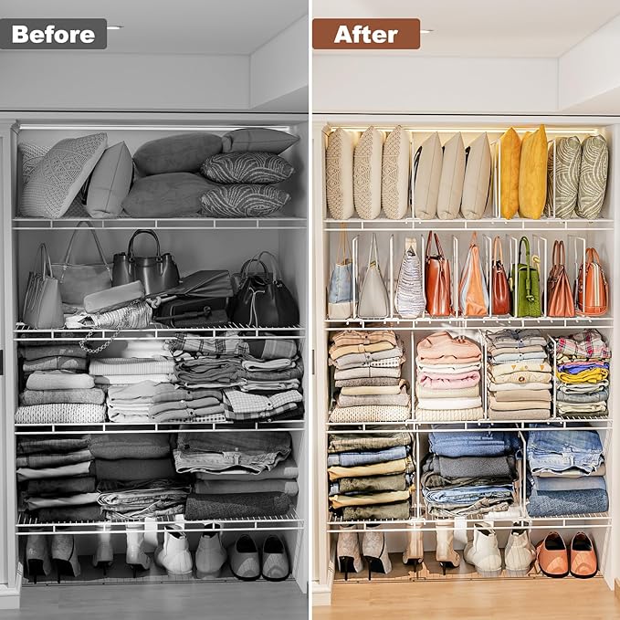 Wire Shelf Dividers for Closet: Tall 8 Pack 12-Inch Deep Adjustable Organizer for Shelves,Metal Rack Separator for Clothes, Purses & Bags，No Tool