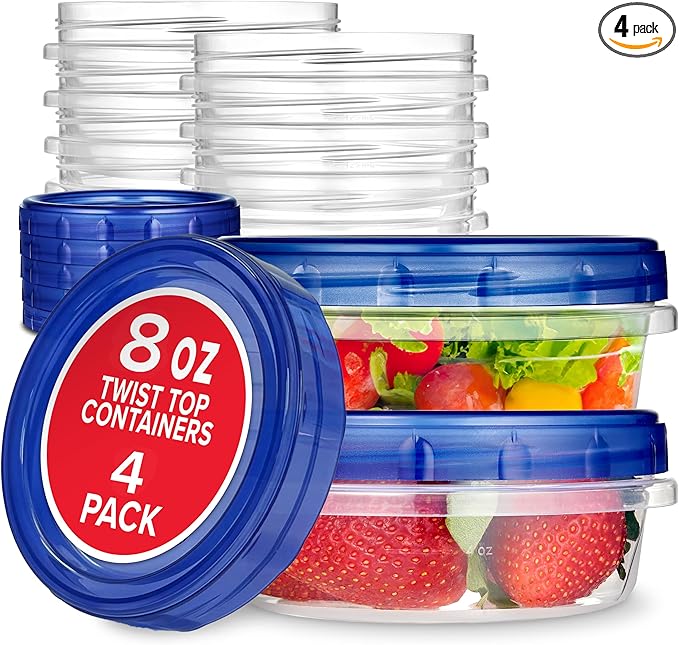 Stock Your Home 8oz Plastic Containers with Twist Top Lids (4 Pack), 1 Cup Small Freezer Containers for Leftover Food, Airtight Reusable Soup Containers with Lids, Microwave and Dishwasher Safe