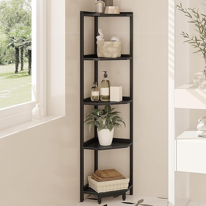 Corner Shelf Stand, Corner Bookshelf, Storage Standing Shelf Unit with Metal Frame, Plant Stand, Bookcase for Living Room, Home Office, Bedroom, 5-Tier Black CS05906B