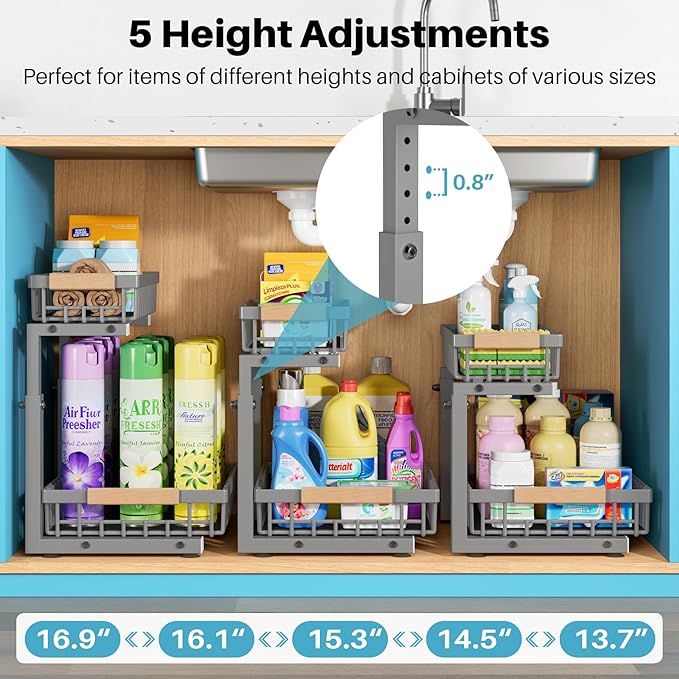 Jusdyrack Under Sink Organizer, 2 Packs 2 Tier Gray Under Sink Organizers and Storage, Slide Out Pull Out Cabinet Organizer Shelf, Metal Sliding Drawer for Kitchen Bathroom Cabinet Organization Rack