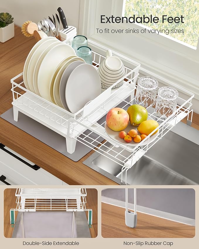 SONGMICS Dish Drying Rack, Kitchen Dish Rack with Drainboard, 360° Rotatable and Extendable Spout, with Cutlery Holder, (12.2-22) x 16.5 x 7.9 Inches, Matte White UKCS552W01