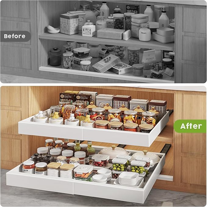 4 Pack Pull Out Cabinet Organizers 21" Deep With Raising Pad for Framed Cabinets, Expandable Width (15.2"-26.3") Slide Out Drawers Upgrade 3 Slide Rails, Roll Out Shelves Adhesive, White