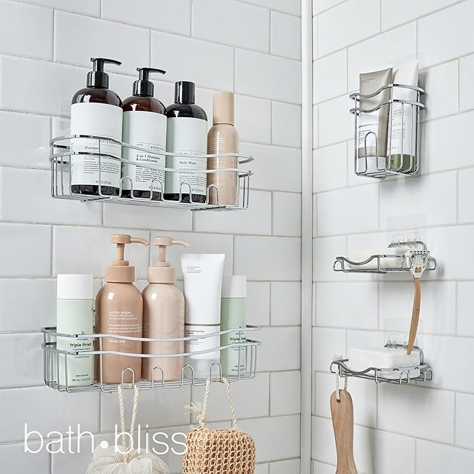 Bath Bliss Adhesive Shower Caddy Organizer | 5 Piece Set | 2 Soap Dishes | 1 Small Organizer | 2 Large Organizers | Bathroom Organization | Holds Up to 15lbs | Easy to install | Chrome