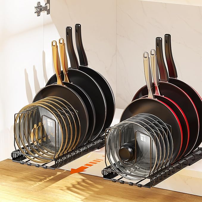 Housolution 2 Pack Pull Out Pot and Pan Organizer for Under Cabinet, Slide Out Pot Lid Organizer with 10 Adjustable Dividers, Sliding Pan Holder Storage Rack Inside Cabinet, Black
