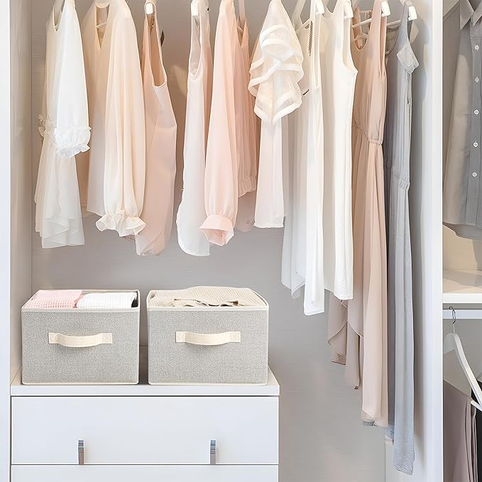 11 inch Storage Baskets, Woven Fabric Bins, Storage Cubes with Reinforced Handles, Organizer Bins for Closet Shelves, Foldable, for Clothes (Beige, 2PCS/11*11*7.8inch)