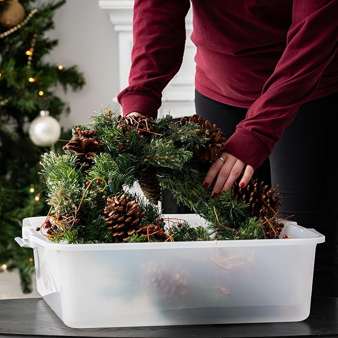 IRIS USA 33 Quart Christmas Wreath Storage Container Box with Lid, 3-Pack, Stackable Under Bed Storage Organizer Bin with Latching Buckles for 20" Wreaths Christmas Decorations Garlands, Clear/Red