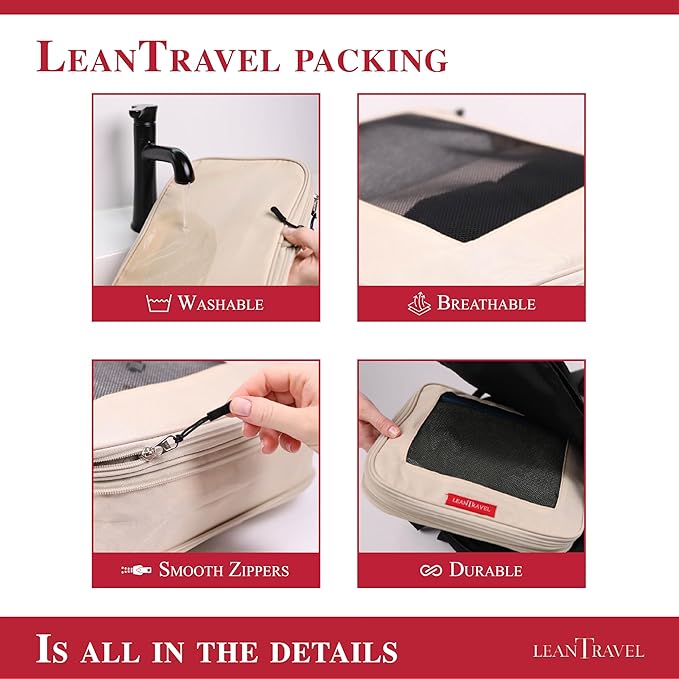 LeanTravel Compression Packing Cubes for Travel Organizers with Double Zipper (6-Pack (2L+2M+2S), Sand)