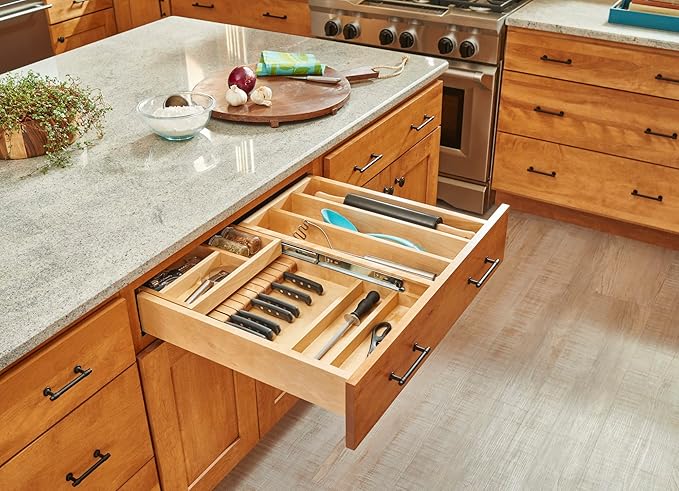 Rev-A-Shelf Two-Tier Kitchen Utensil Drawer Organizer & Pullout Cutlery Tray, Soft-Close Slides, 27" Cabinet Opening, Wood, 4WTCD-30HSC-1