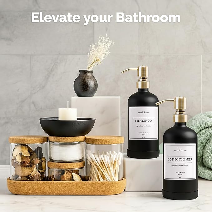 Vine Creations Black Glass Soap Dispenser, 2 Pack Kitchen Soap Dispenser Set with Stainless Steel Pump, 16 oz Dish Soap and Hand Soap Dispensers for Bathroom with Waterproof Labels