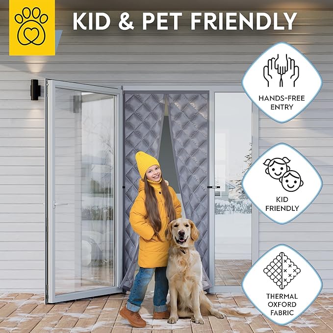 AUGO Thermal Door Curtain - Magnetic Insulated Cover for Winter - Keeps Warm Air In & Cold Air Out - Home Winterizing Product