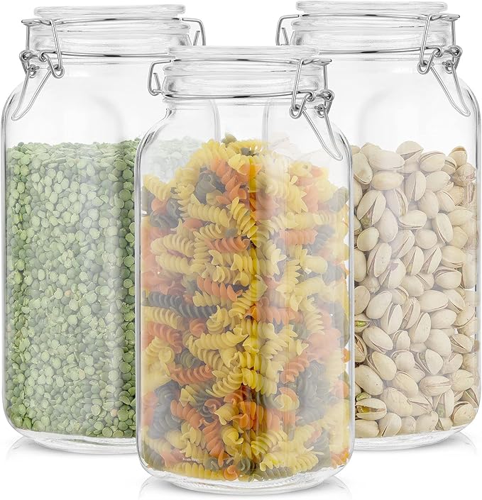 Airtight Glass Jars with Lids Set of 3. 78oz Glass Jar with Lid and 6 Silicone Seals! Large Glass Food Storage Containers. Square Mason Jar for Candy, Flour, Pasta Containers for Pantry
