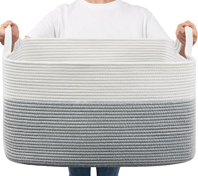 Goodpick Large Toy Storage Basket, Grey Cotton Rope Baskets Toy Storage Bin for Baby, Kids, Woven Storage Basket with Handle for Laundry, Living Room, Nursery, Bedroom, 21.6" x 14.9" x 11.8"