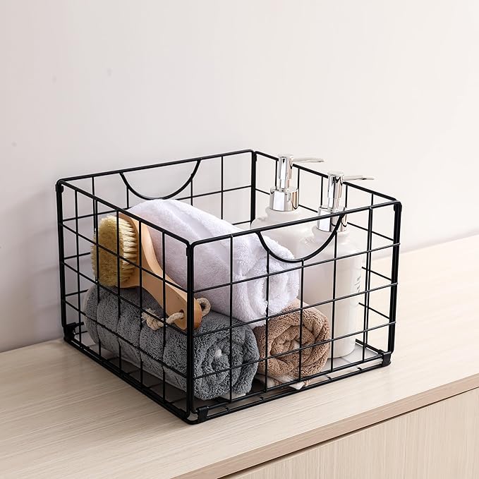 Metal Wire Basket Organizer Foldable Set of 6, Food Storage Mesh Bin with PVC Sheet, Freezer Organizer Bins for Pantry Closet Bathroom-Black
