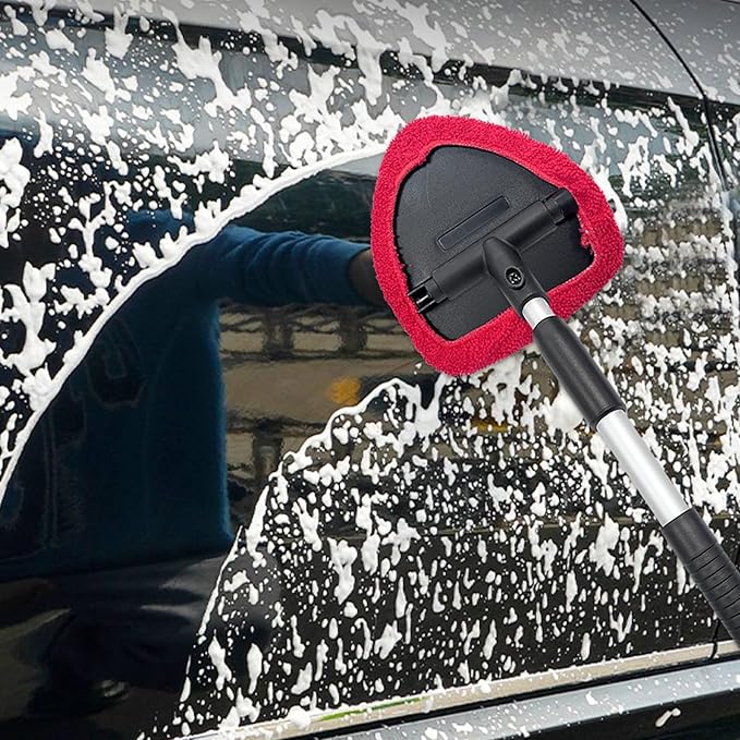 Ziciner Car Windshield Cleaner, Microfiber Auto Cleaning Wiper with Aluminum Extendable Handle and 2 Washable Reusable Cloth Pad Head, Universal Vehicle Interior Exterior Cleaner Kit (Red-Triangle)