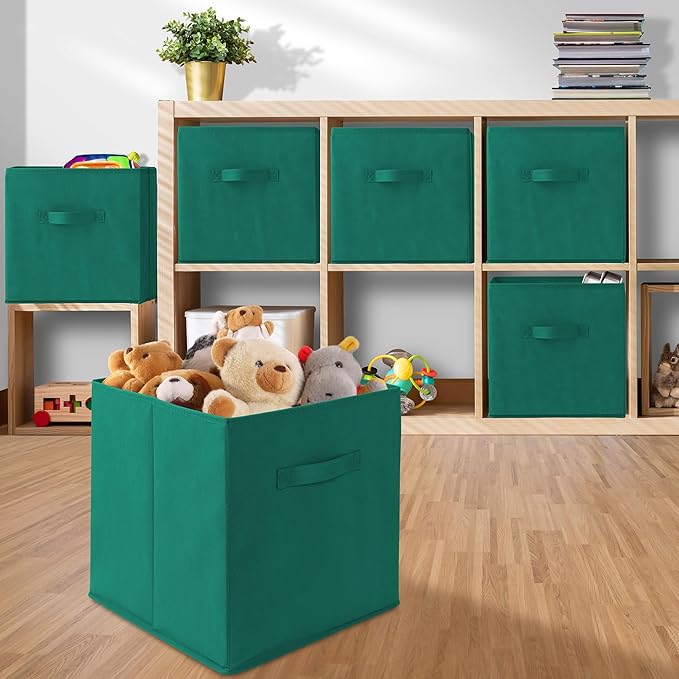 Casafield Set of 6 Collapsible Fabric Cube Storage Bins, Teal - 13" Foldable Cloth Baskets for Shelves, Cubby Organizers & More