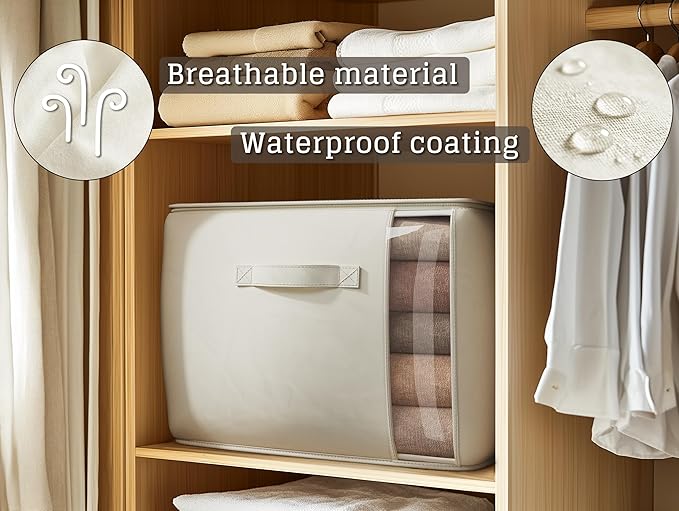 TomVista Large Canvas Clothes Storage Bags with Thick Handles and Clear Window, Foldable Cotton Linen Closet Organizer for Clothing, Blankets and Bedding, 70L, 2 Pack, Beige