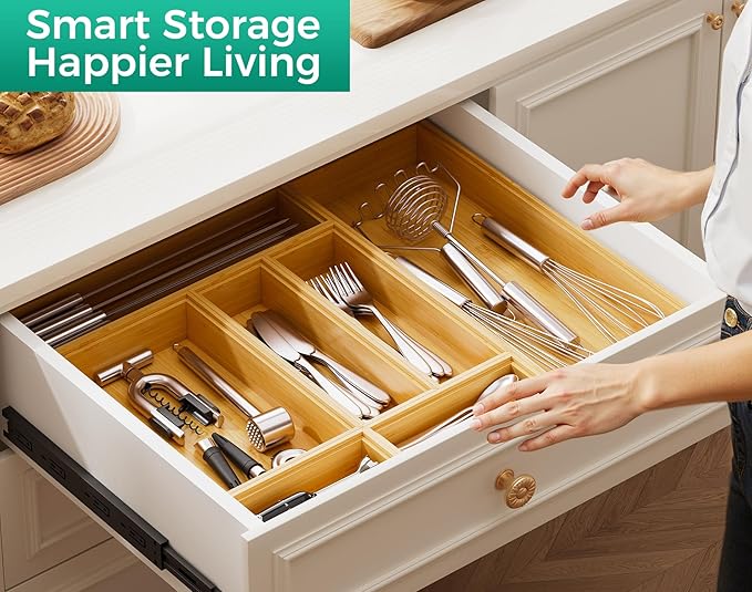 Bamboo Kitchen Drawer Organizer Boxes – 12" x 3" Stackable Wood Silverware Utensil Tray for Drawers Bins, Cutlery & Flatware Storage – Wooden Organizers Set of 2 for Junk Drawer, Bathroom, RV