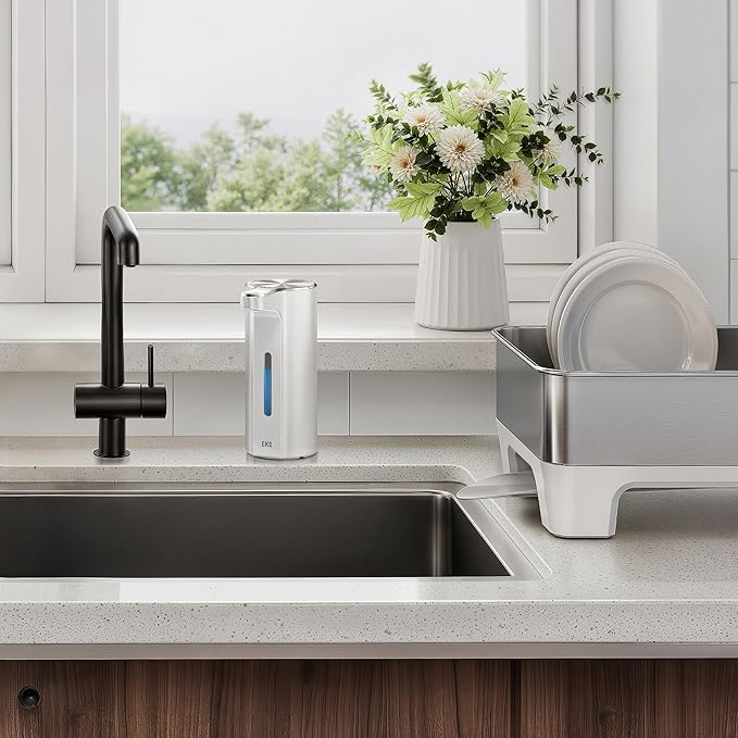 EKO Aroma Pro 13.5 fl oz Touchless Automatic Liquid Soap Dispenser, Rechargeable Electric Hand & Dish Soap Dispenser for Bathroom and Kitchen, IPX7 Waterproof, Adjustable Volume Control (White)