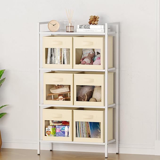 SpaceAid Storage Cubes with Clear Windows, Set of 6 Fabric Bins, 11 Inch Foldable Baskets Boxes for Closet, Cubby Shelf or Cube Storage Organizer, Beige