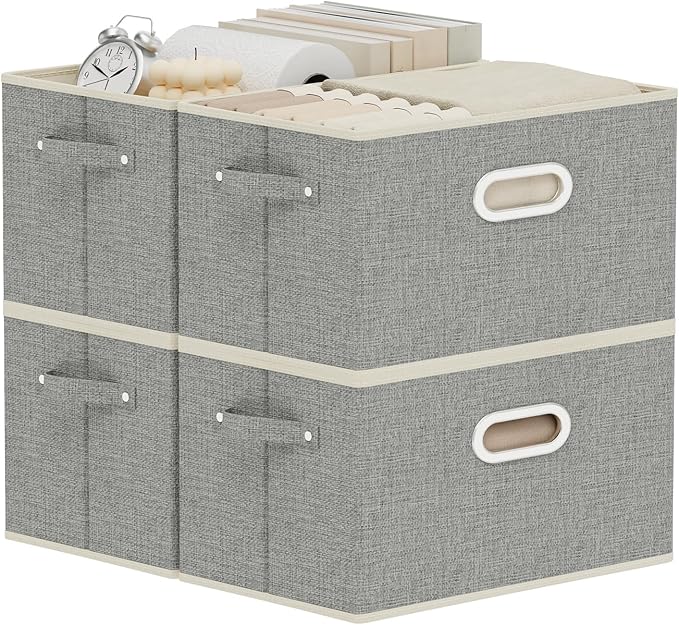 Fabric Open Storage Bins with Metal Handles, Collapsible Organizer Baskets, Foldable Cube Boxes for Shelves, Closet, Living Room, 13x9.1x7.9in, Grey, 4 Pack