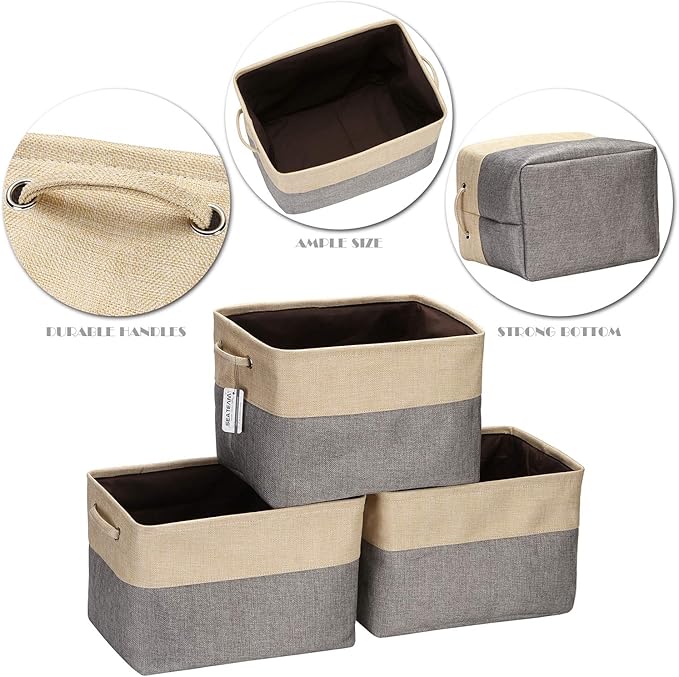 Sea Team 3-Pack Large Storage Basket Set, Trunk Organizer, Clothes Toys Bin, 15 x 10 x 10 Inches, Big Rectangular Canvas Fabric Collapsible Shelf Box with Handles for Kids Room (Grey/Beige)