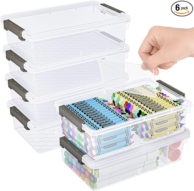 6 Pack Extra Large Pencil Box with Removable Divider, Thickened Pencil Case Bulk, Clear Crayon Marker Organizer Stackable Plastic Small Storage Containers for Pen Craft School Supplies(Grey)