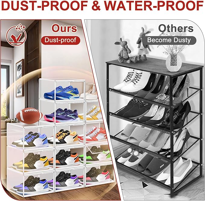 12 Pack Clear Shoe Organizer for Closet, Large Stackable Sneaker Boxes Shoe Display Box Handbag Organizer Plastic Storage Bins with Magnetic lids
