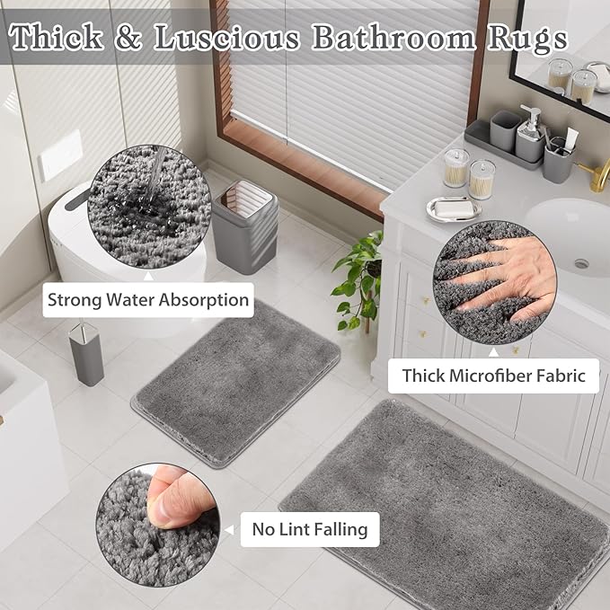 Grey Bathroom Accessories Set, Bathroom Sets with Shower Curtain and Rugs, Trash Can, Tray, Soap Dispenser, Soap Dish, Toothbrush Holder, Toothbrush Cup,Toilet Brush and Qtip Holders for Home
