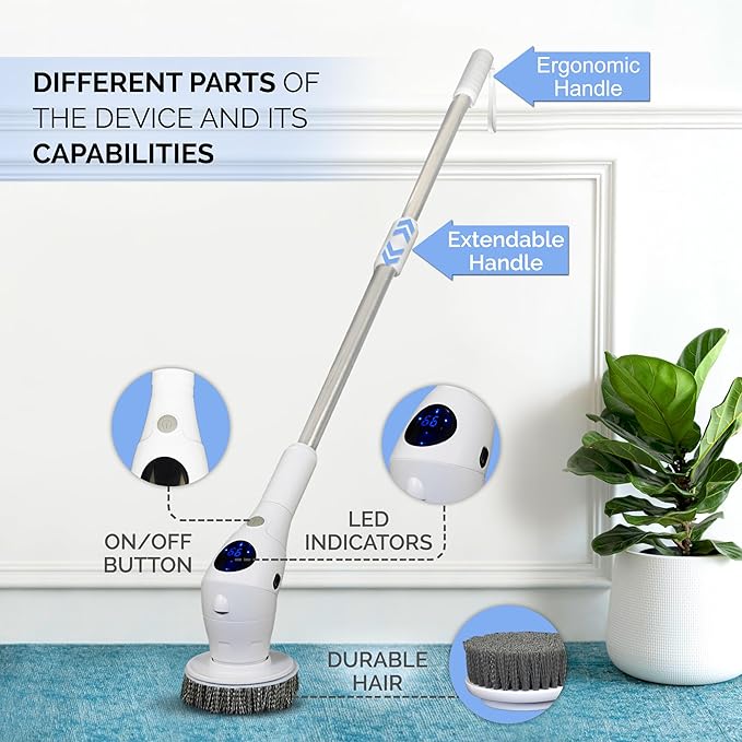 KARAMII Electric Spin Scrubber, Cordless Power Brush with 8 Multi-Functional Heads, 3 Adjustable Speeds, IPX7 Waterproof, LED Display, Long Handle (13.8"-51"), Perfect for Bathroom, Tile, Kitchen, Car