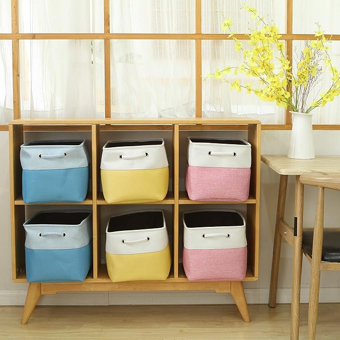 Sea Team 3-Pack Large Storage Basket Set, Trunk Organizer, Clothes Toys Bin, 15 x 10 x 10 Inches, Big Rectangular Canvas Fabric Collapsible Shelf Box with Handles for Kids Room (Pink/White)