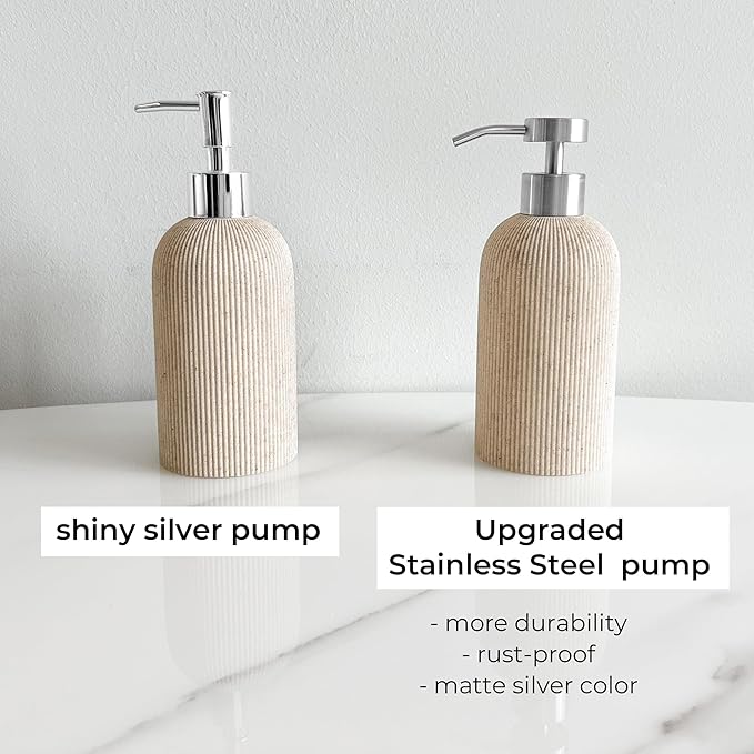 Lunestella Sand Beige Hand Soap Dispenser with Stainless Steel Pump, for Bathroom and Kitchen, Luxury Farmhouse, Boho & Zen Style, Sandstone Finish, Rust Proof, 7oz