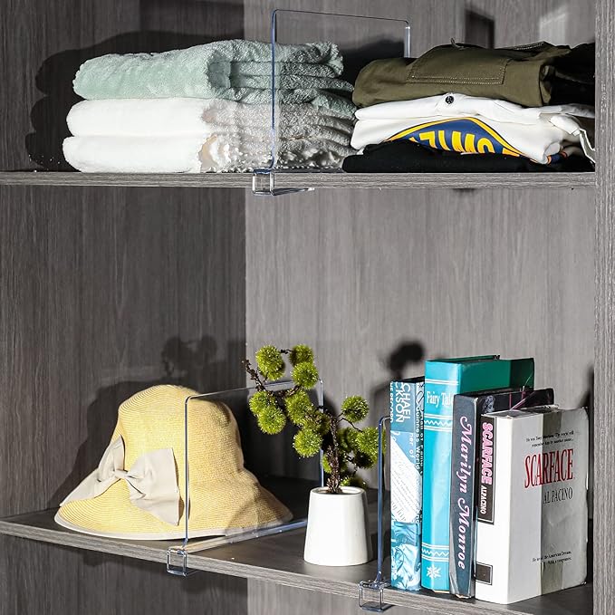 Sooyee Acrylic Shelf Dividers for Closet Organization,4 PCS Closet Shelf Organizer,Closet Dividers Purse Organizer for Closet,Closet Separator for Bedroom Kitchen Cabinets and Office Shelves,Clear