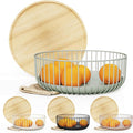 Fruit Basket with Wooden Bamboo Lid- Fruit Bowl For Kitchen Counter - Countertop Bin for Produce Fruits, Potato and Veggie - Metal Wire Baskets For Organizing - 11.4"x11.4"x4.5" - Green