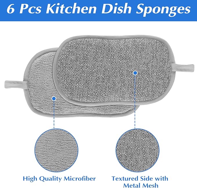6 Pack Multipurpose Dish Scrubber Sponges, Non Scratch Sponge Microfiber Side for Dish Rough Side for Non Stick Cookware Reusable Sponge Scrub Sponge Dishcloth for Sink Pan Pot Countertop(Grey)