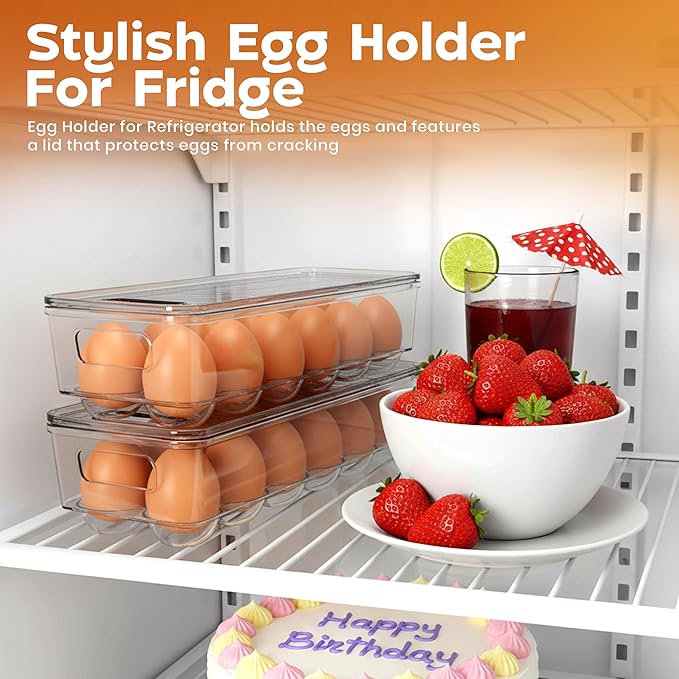 Utopia Home Egg Container With Lid and Handle for Refrigerator - Pack of 4 - Clear Stackable Egg Holder for Kitchen Storage and organization