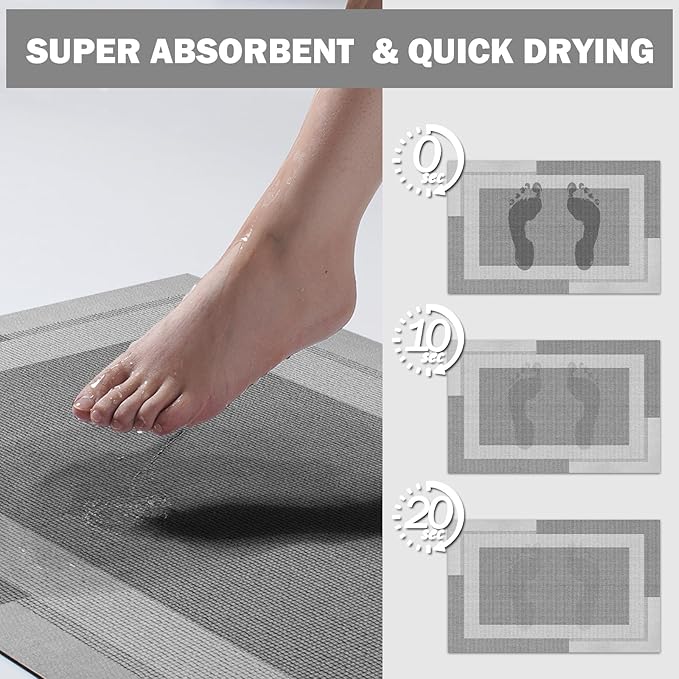YDKGL Non Slip Bath Mat, Rubber Backing Ultra Thin Bathroom Rugs Fit Under Door Quick Dry Super Absorbent Washable Bath Rug Shower Mat for Bathroom Floor Bathtub Shower Sink, Easy Care Gray 16"x 24"