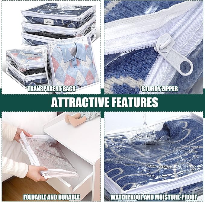 Hoolerry 6 Pieces Sweater Storage Bags Plastic Clear PVC Clothes Storage Bags with Zipper and Label for Blankets Clothes Closet Quilt Pillow Bed Sheet Organizer(15.7 x 13.7 x 3.9 Inch)