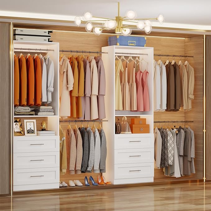 Closet System with 6 Drawers, 4FT-15FT Closet Organizer System with 10 Adjustable Hanging Rods & 2 Shelves, Modular Closet Systems Kit for Walk-In Closets, 2 Sets, White