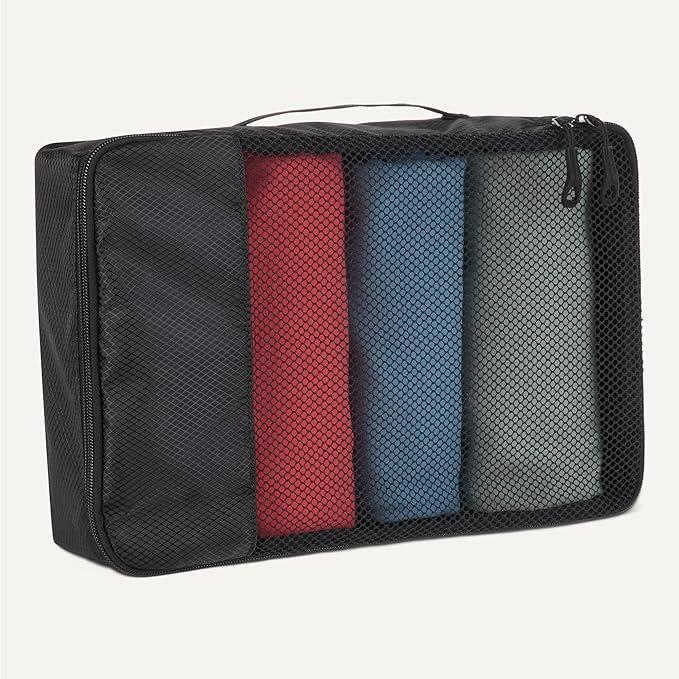Amazon Essentials 4-Piece Packing Cubes Travel Accessories Set, Luggage Organizer with Double Zipper, Mesh Top, 100% Polyester, Small/Medium/Large/Slim, Black (Previously Amazon Basics)
