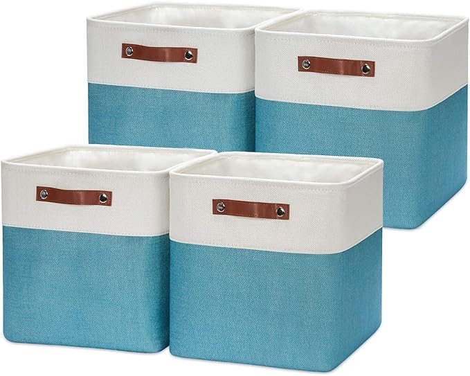 HNZIGE Cube Storage Basket(4 Pack) Collapsible Baskets for Shelves,Dog Toys,Book,12x12 Fabric Storage Cube Bins Set for Room,Office,Closet(White&Teal)