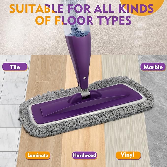 Spray Mop for Floor Cleaning with Washable Pads, Microfiber Wet Mops with 800 ml Refillable Bottle,Reusable Dust Mops with Sprayer for Hardwood Laminate Vinyl Tile Cleaning (Purple, 800 ML)