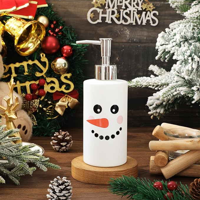 JarThenaAMCS Christmas Soap Dispenser Snowman Face Glass Hand Dispenser with Pump Refillable Liquid Soap Container for Winter Xmas Home Kitchen Bathroom Countertop