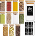 ComSaf 12Pcs Glass Spice Jars with Bamboo Lid, 10oz Airtight Square Containers with 275 Black Lables, Empty Seasoning Jars for Spice Salt Sugar