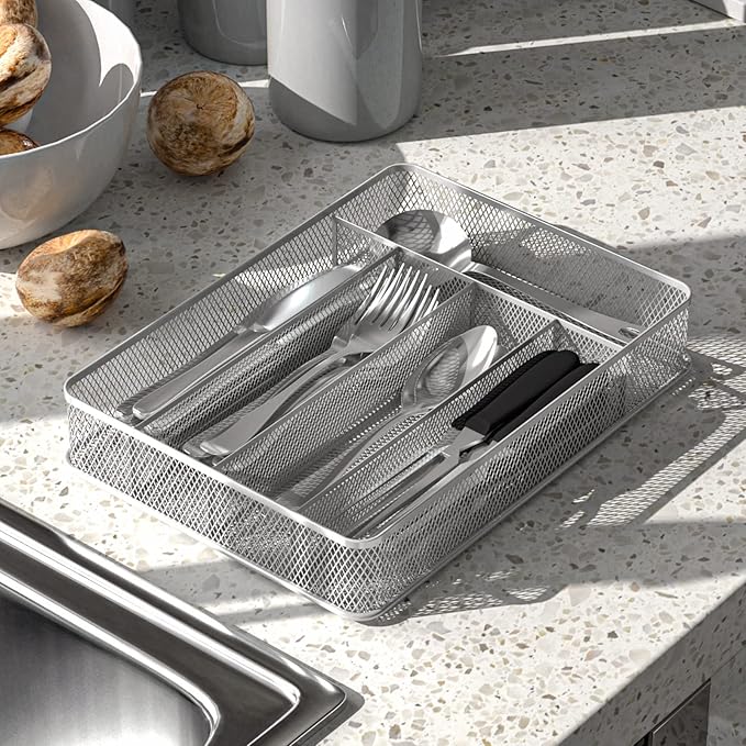 TQVAI Silverware Organizer - 5 Slots Non-Slip Mesh Kitchen Drawer Organizer - Metal Compact Utensil Cutlery Holder in Drawer Tray, Silver
