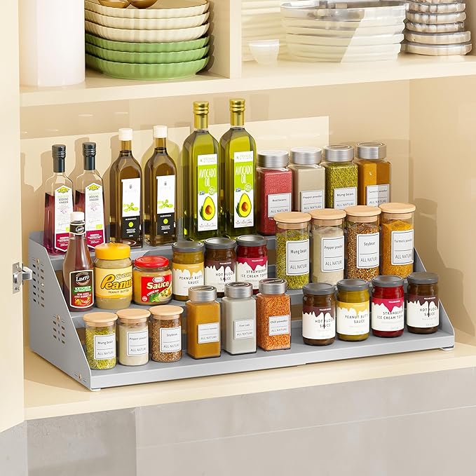 Spice Rack Organizer, Metal Spice Rack Organizer for Cabinet, Countertop Spice Rack - Expandable Width, 3 Tier Spice Shelf for Cabinet, Countertop, Pantry, Cupboard, Gray